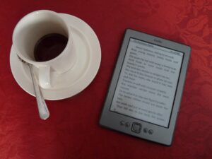 kindle, e-reader, coffee
